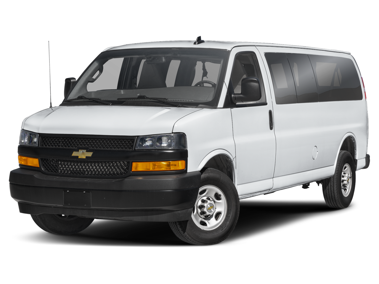 2025 Chevrolet Express Passenger 1LS in Summit White — front three-quarter view
